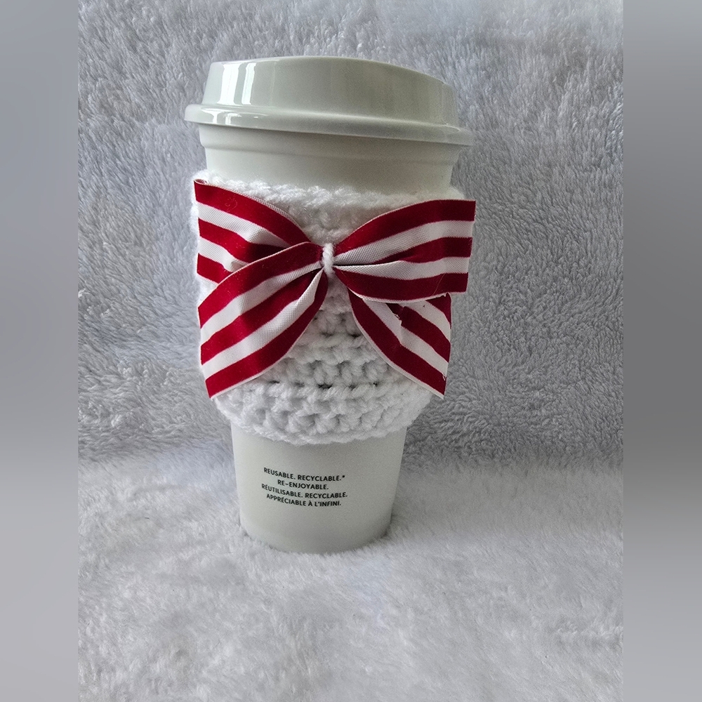 White Crochet Cup Sleeve with Red Striped Bow